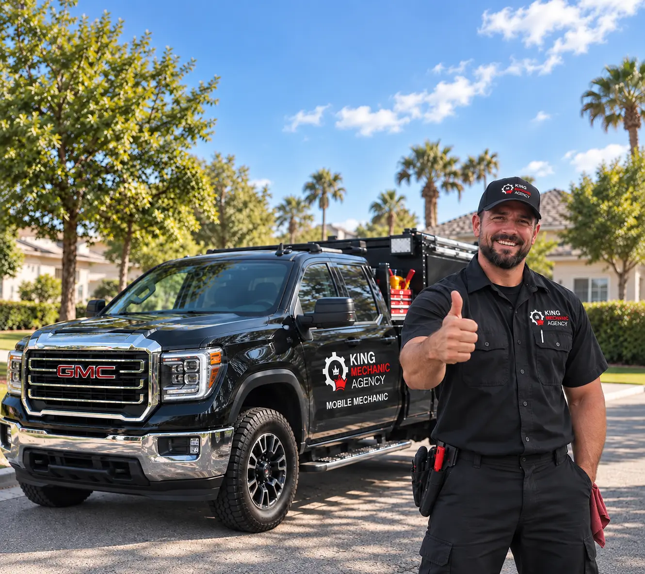 A King Mechanic Agency mobile mechanic giving a thumbs up beside his branded black GMC service truck.